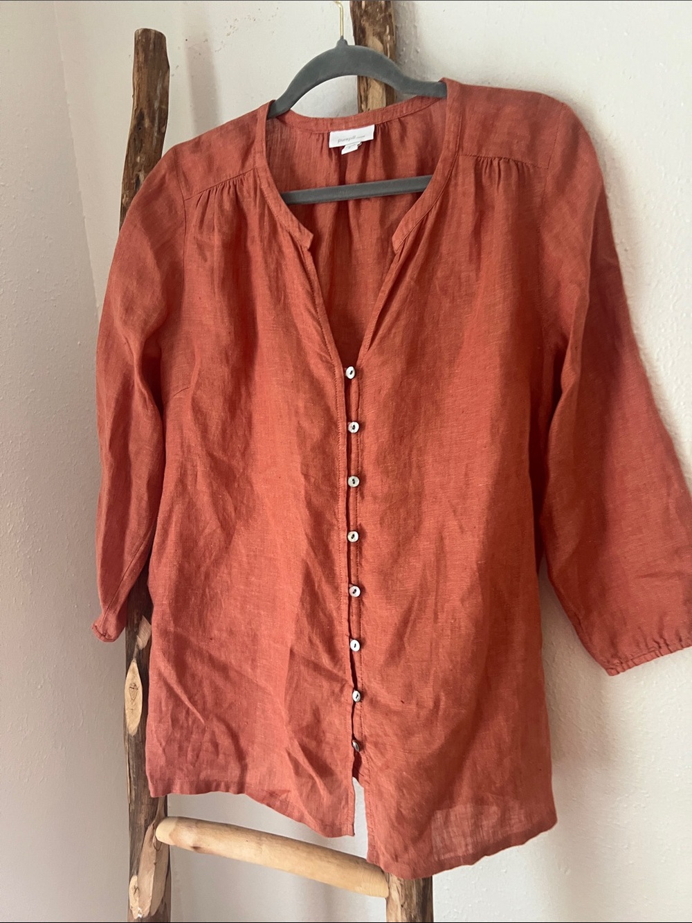 J. Jill Rust Terra Cotta Orange Button-Down Linen V-neck 3/4 Sleeve Shirt Medium - Picture 9 of 9